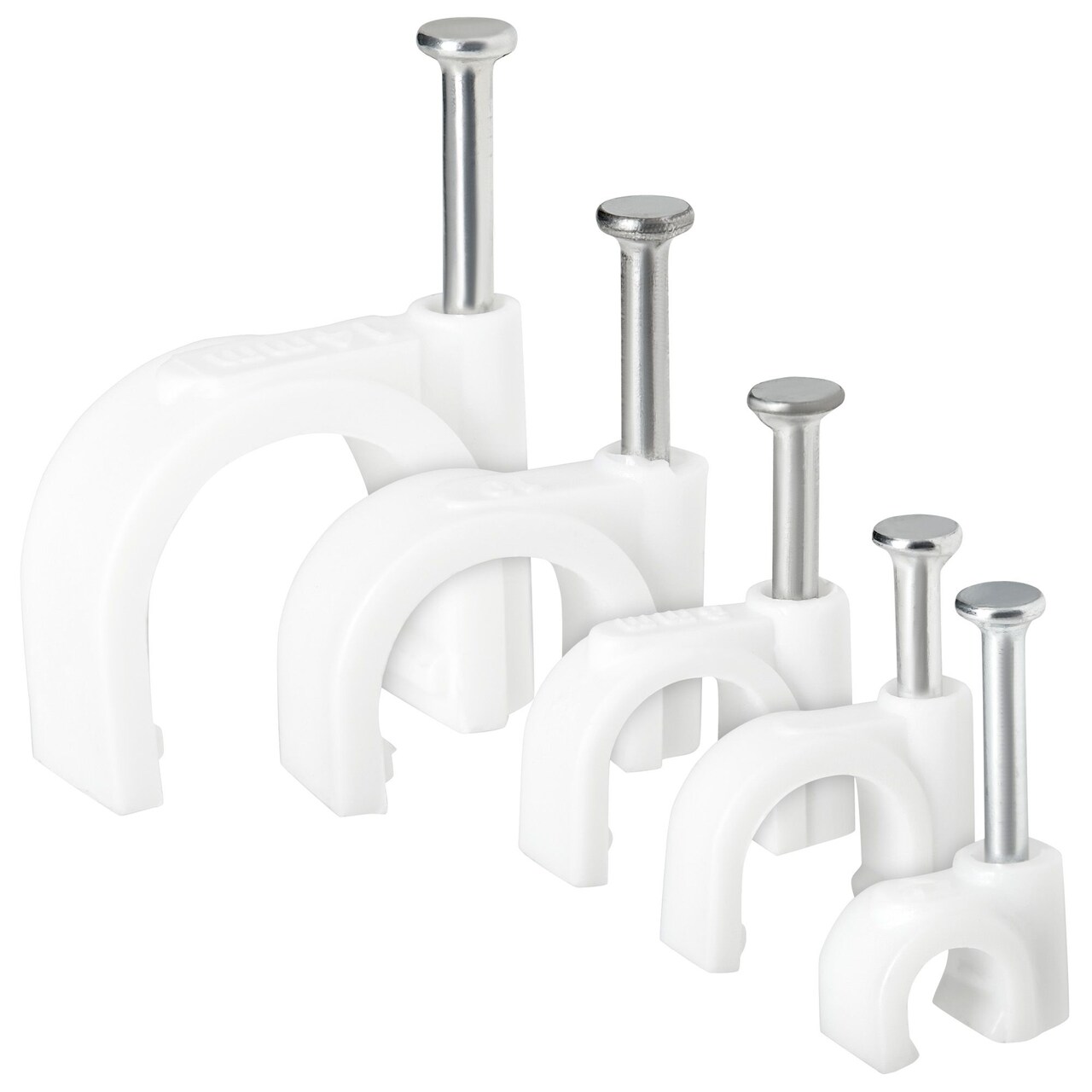 500-Pack Round Cable Wire Clips for Wall Mounting, Extension Cord Holders, and Cable Management Staples in 5 Sizes for RJ45 Ethernet Connectors, Nails Included (4mm, 6mm, 8mm, 10mm, 14mm, White)